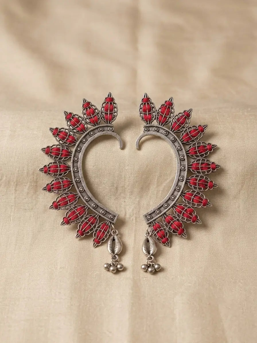 Red Beaded Oxidised Earcuff